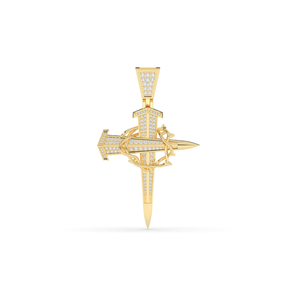 Gold Nail Cross Pendant with Crown of Thorns